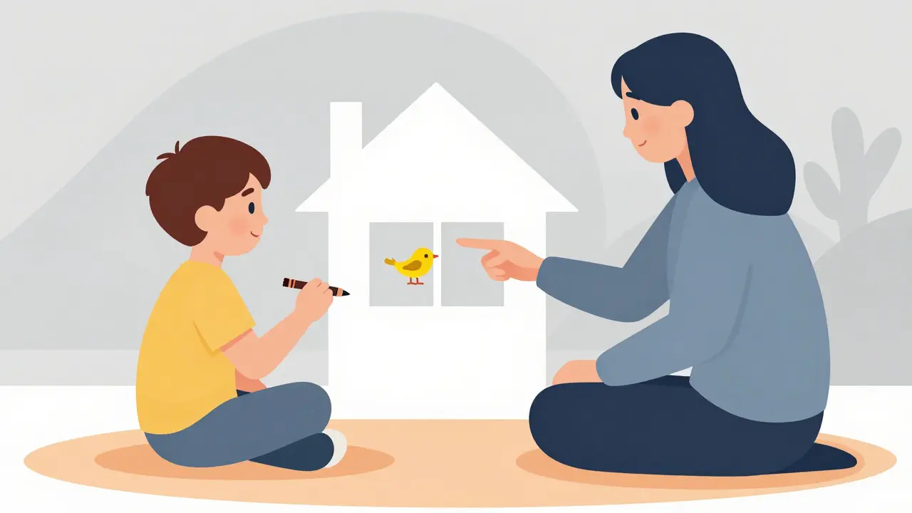 Dítě a terapeut společně kreslí dům bez oken a ptáka venku.