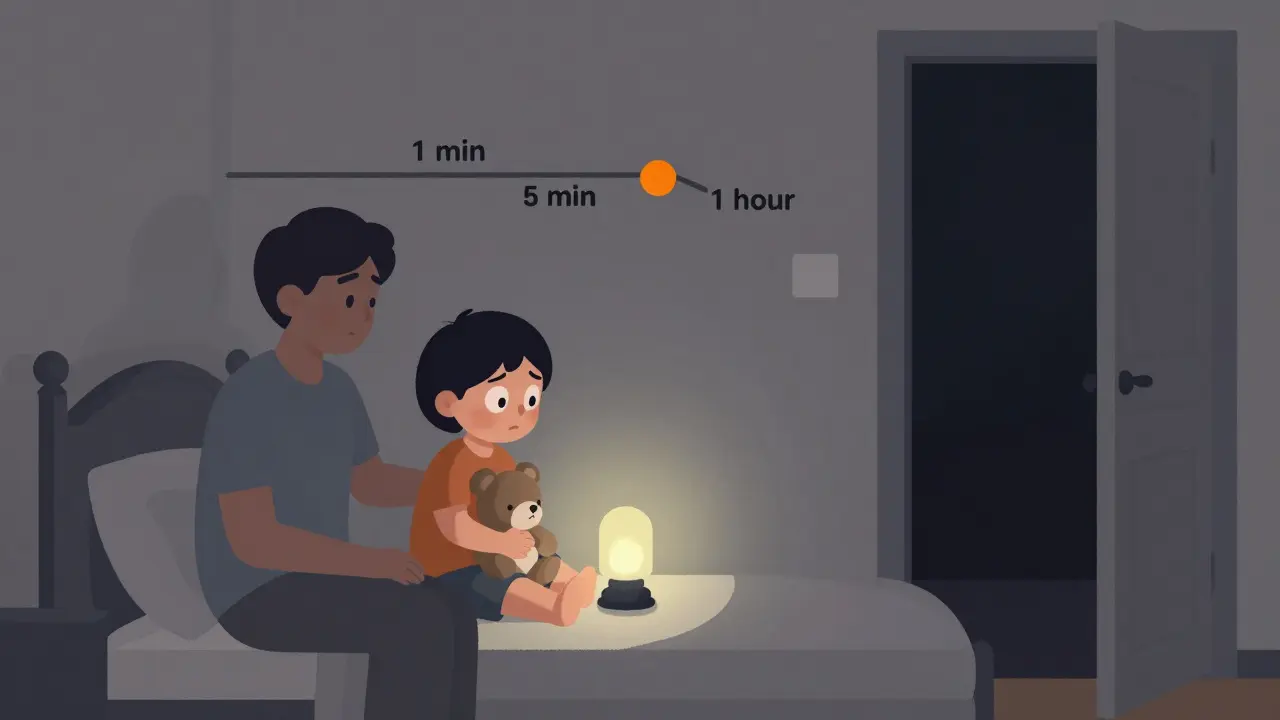 Dítě v posteli se bojí tmy, rodič sedí vedle něj s hračkou.