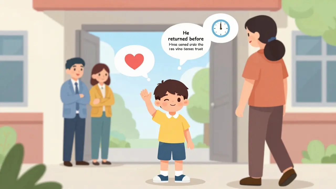 Dítě vřele vzdává pozdrav rodiči u školy, znázorňuje důvěru.