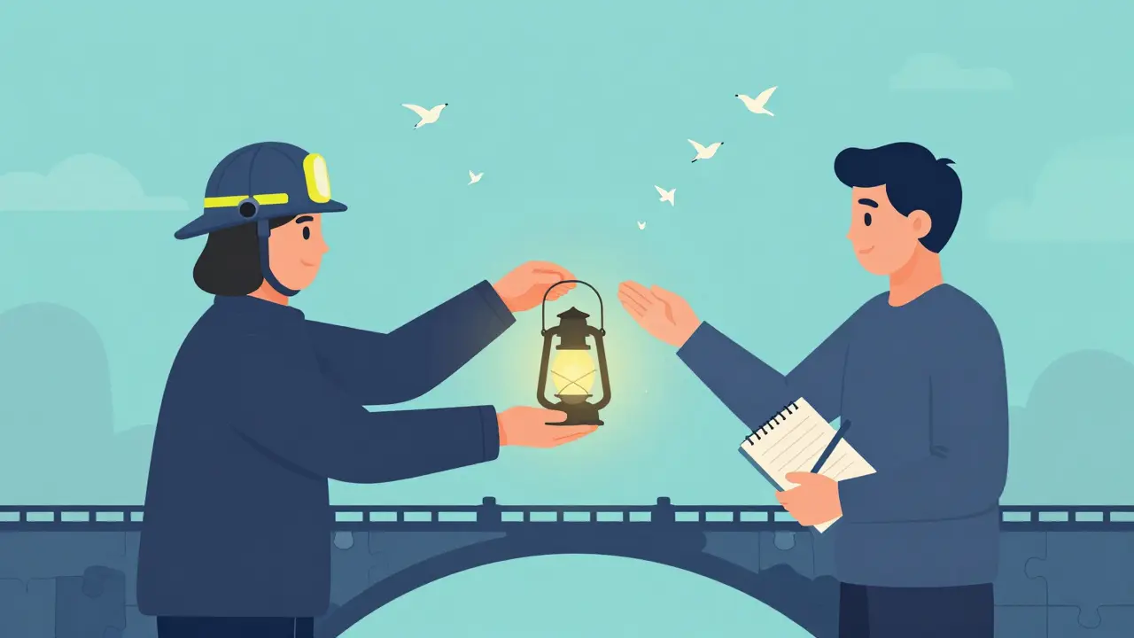 Dvě ruce předávají svíčku přes most z kousků skládačky, symbolizující přechod z krize do terapie.