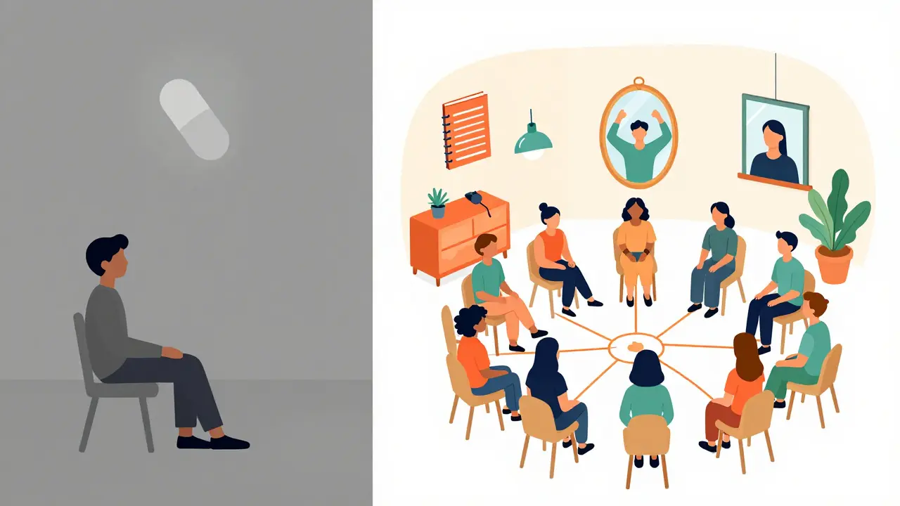 Dvě scény: jedna s placebem, druhá s trvalou změnou prostřednictvím terapie a podpory.