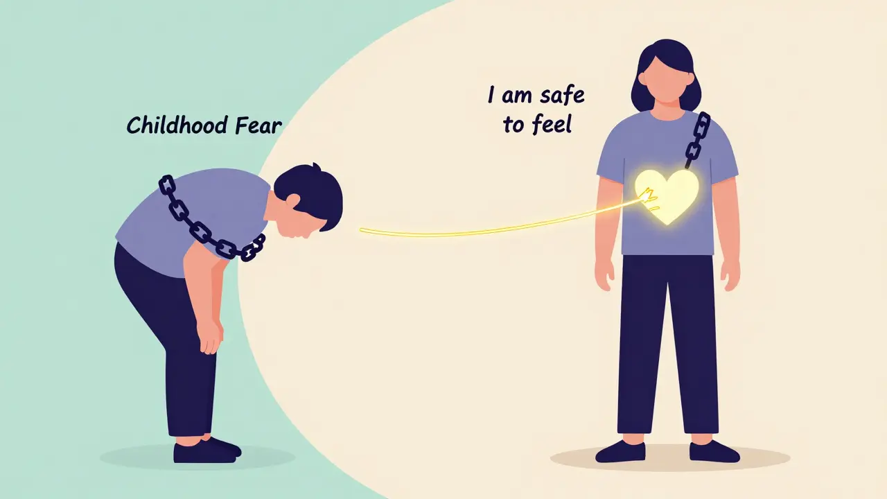 Dvě verze člověka: s řetězy strachu a bez nich, symbolizující transformaci.