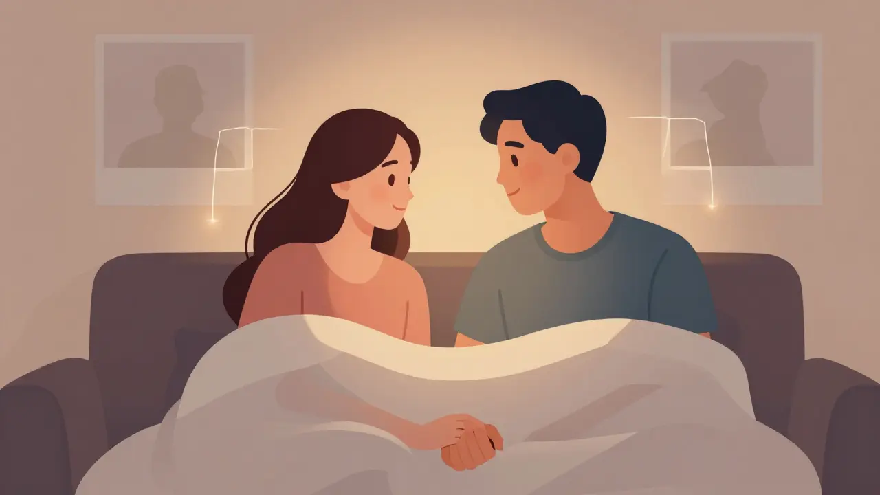 Dvojice se drží za ruce, za nimi mizí obrazy dřívějšího odstupu.