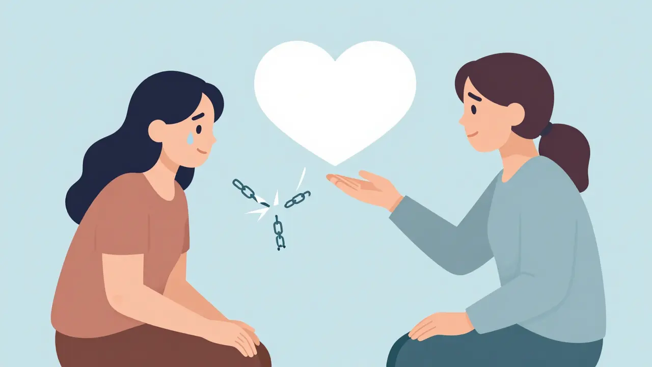 Dvojice se pomalu přibližuje, mezi nimi plave srdce, terapeut je vedoucí.