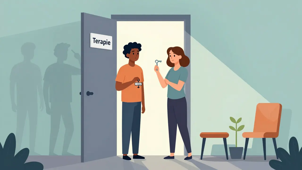 Dvojice stojí u dveří s nápisem 'Terapie', jedna připravená, druhá váhající, za nimi stín minulosti.