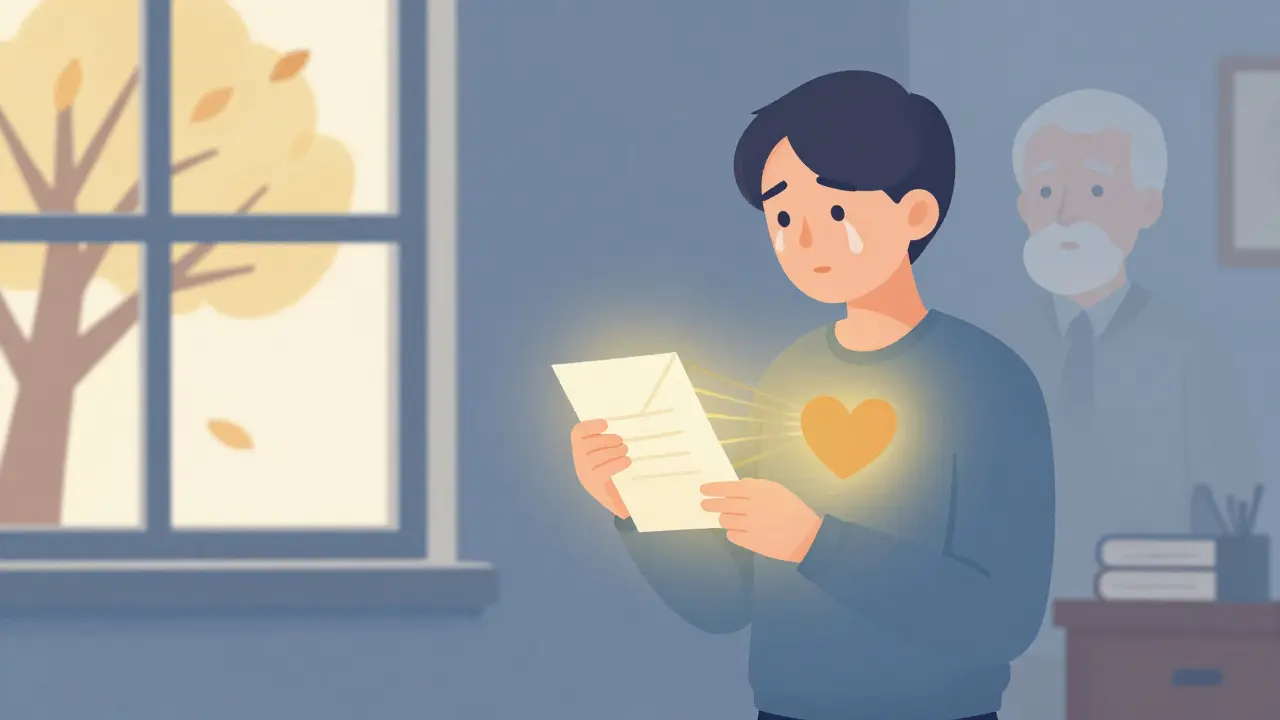 Osoba drží dopis vděčnosti, zatímco se za ní jemně rozsvěcují vzpomínky na učitele.