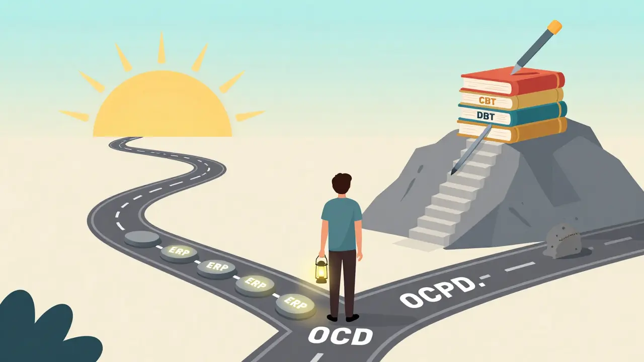 Osoba na rozcestníku mezi OCD a OCPD, cesta k léčbě je znázorněna jako cesta nebo horolezectví s nástroji terapie.