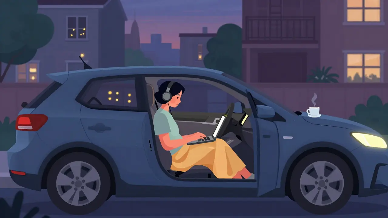 Osoba provádí online terapii v autě parkovaném před domem ve večerní době.