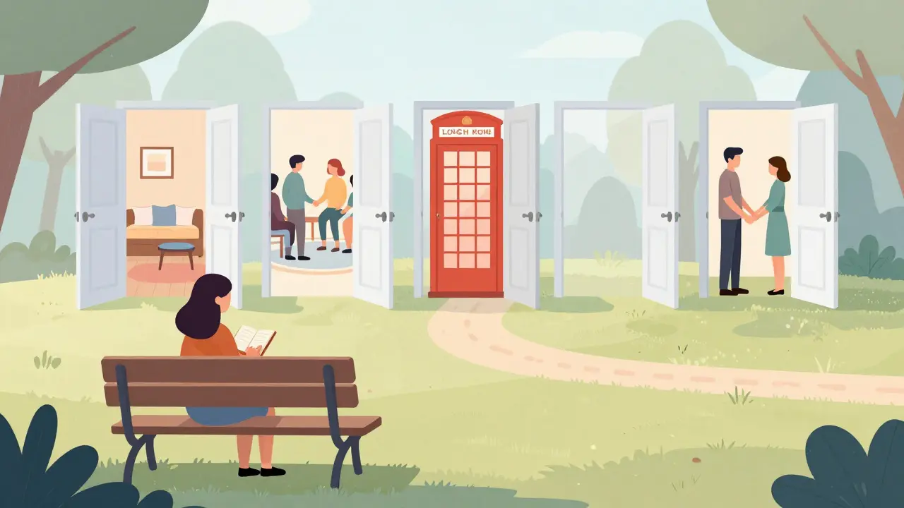 Osoba sedí na lavičce v parku při svitu rána, za ní se otevírají průhledné dveře do různých terapeutických prostorů.