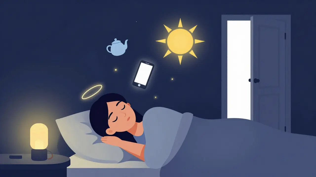 Osoba spí v klidné místnosti, kolem ní plavou malé symboly denních chvil vděčnosti.