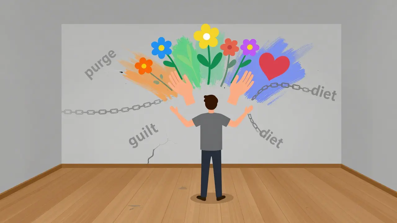 Osoba stojí ve volné místnosti, kde se řetězy mění v barvy života.