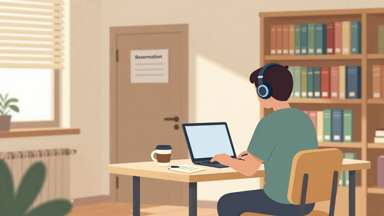 Osoba v tiché studovně knihovny s notebookem a sluchátky během online terapie.
