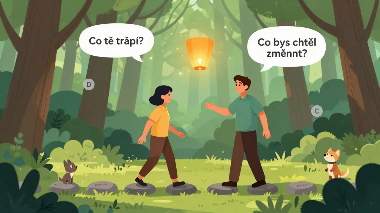 Poradce v lese s vznikajícími otázkami jako světélky, klient jde vpřed.