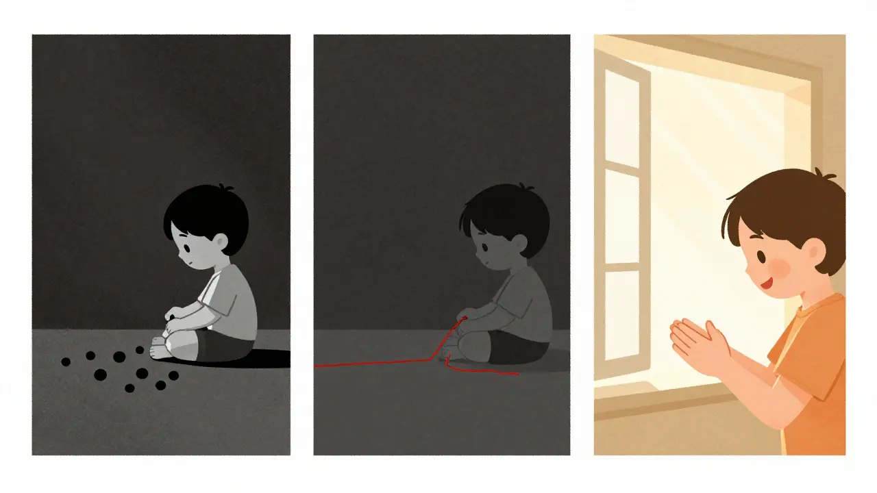 Postupné přeměnění černých teček na sluneční světlo a drženou ruku.