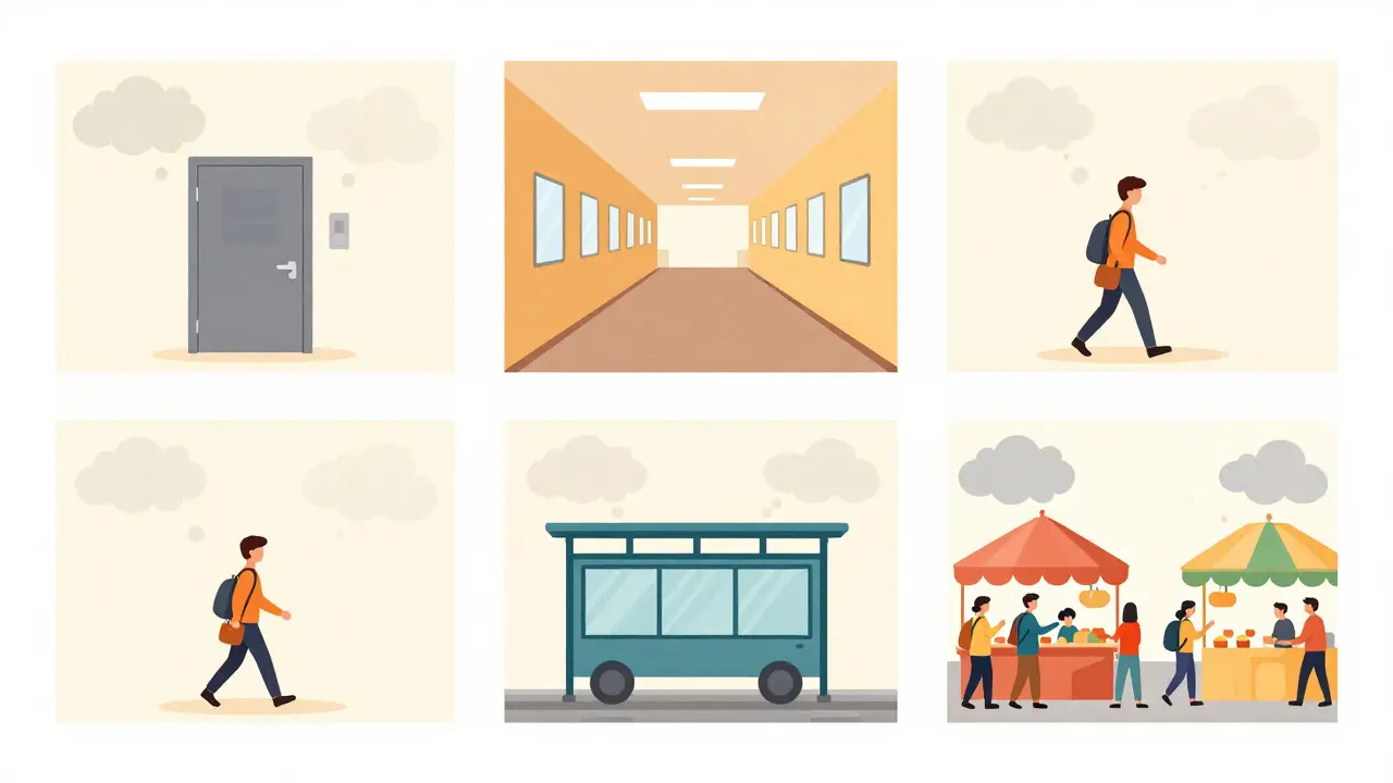 Postupný vývoj od dveří k nákupnímu centru, každý krok znázorněn jako malý panel s rozptylujícími se obavy.