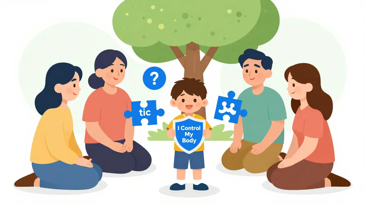 Rodina a terapeut spolu vytvářejí obranný štít proti tikům, symbolizující kontrolu.