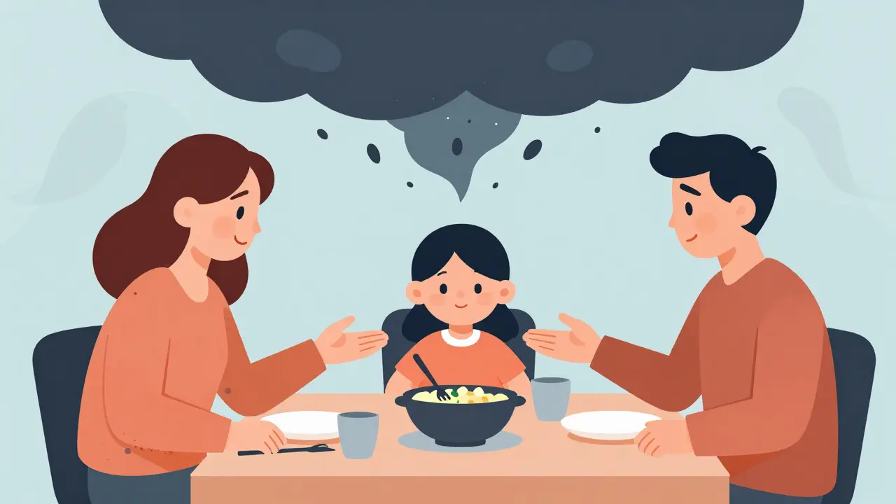 Rodina společně jí, rodiče podávají jídlo s otevřenýma rukama, temná mrak se mění ve světlo, dívka se usmívá.