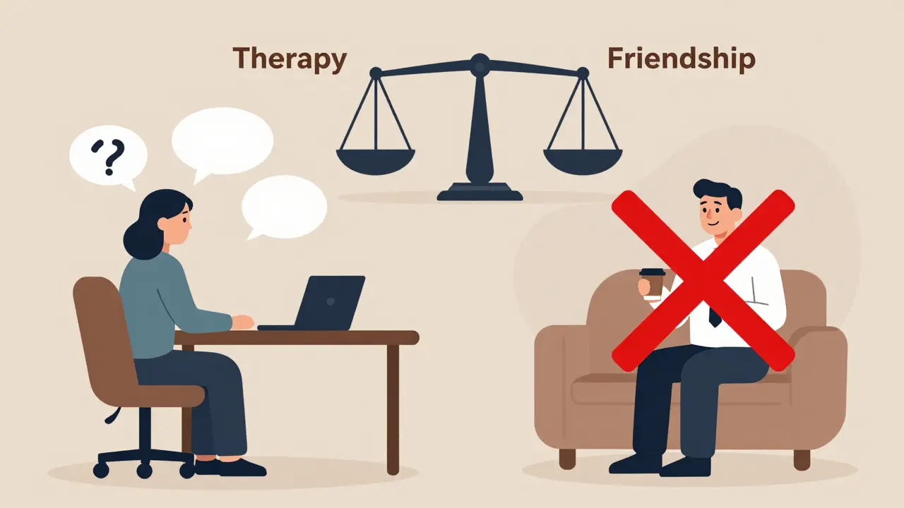 Rozdělený scénář: terapie vlevo, přátelství vpravo s červeným křížem, váha ukazuje rovnováhu.