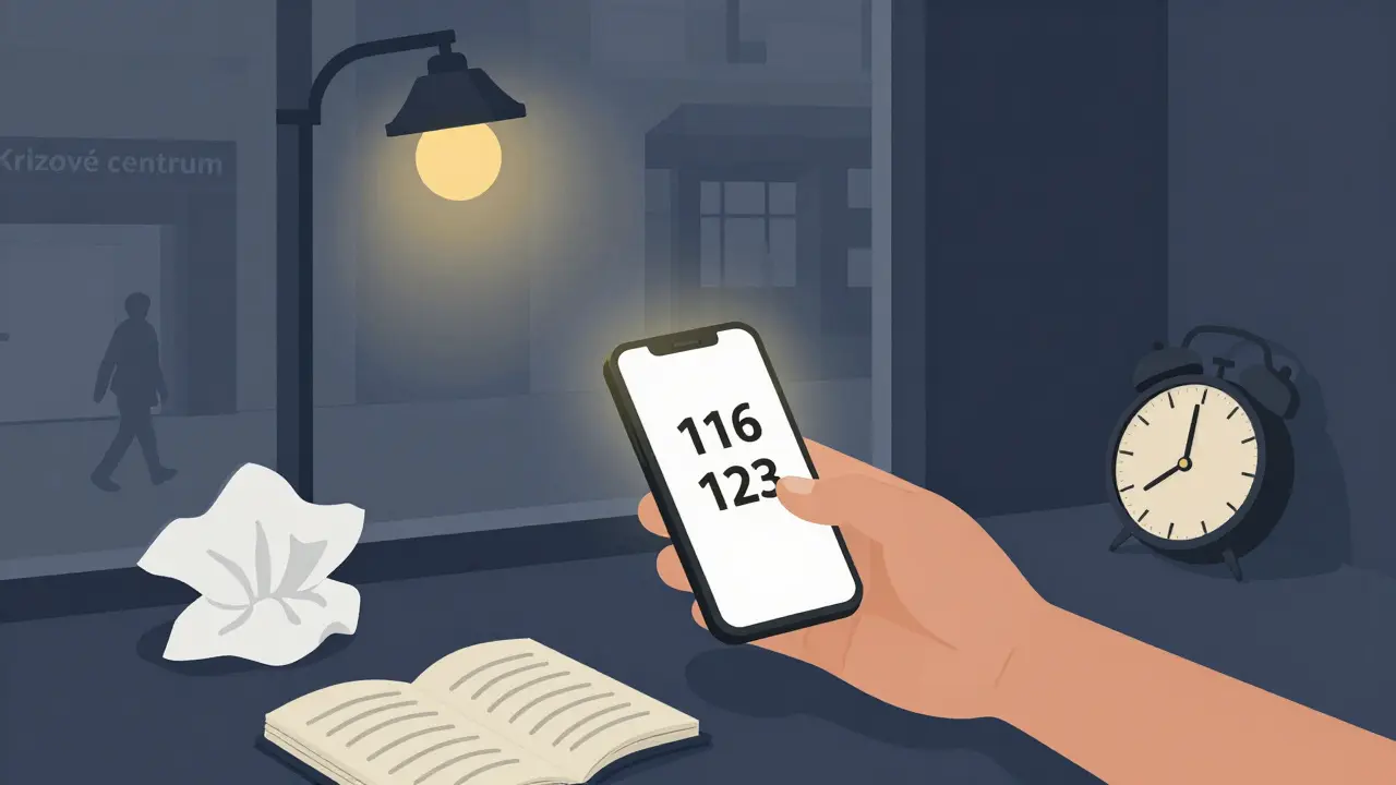 Ruka se táhne k telefonu s číslem 116 123, vedle něj hodiny ukazují 3:00, venku svítí lampy.