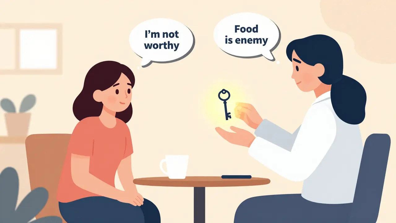 Terapeut a dívka sedí u stolu, nad dívkou se rozpadají myšlenkové bubliny s negativními přesvědčeními, terapeut drží klíč.