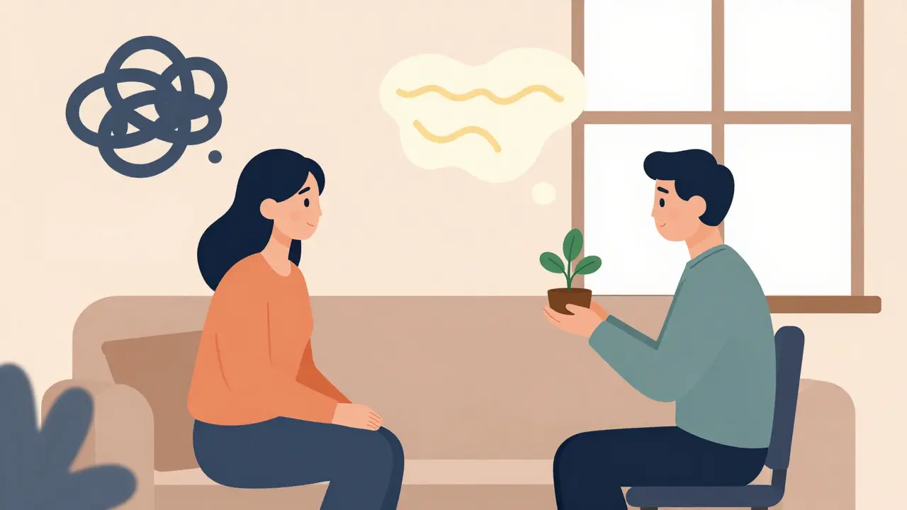 Terapeut a klient sedí spolu v klidné místnosti, symbolické myšlenky se mění z temných na světlé.