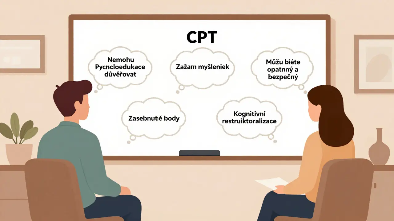 Terapeut a klient spolu analyzují kroky CPT na tabuli s přeměněnými přesvědčeními.