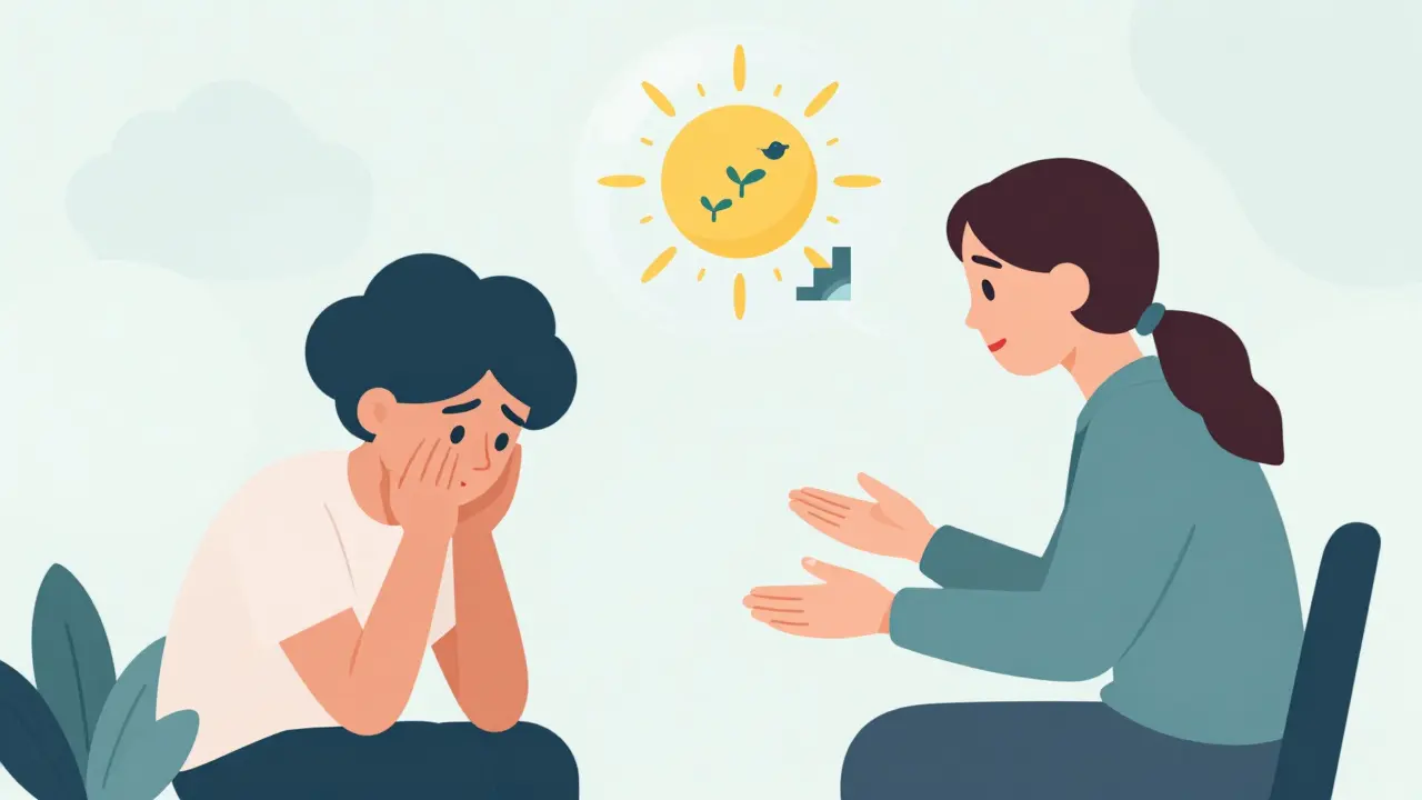 Terapeut a klient v klidné místnosti, kde důvěra a empatie vytvářejí prostor pro hojení.