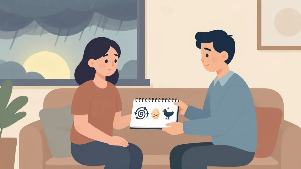 Terapeut a pacientka společně sledují symbolický deník s obrázky změny.