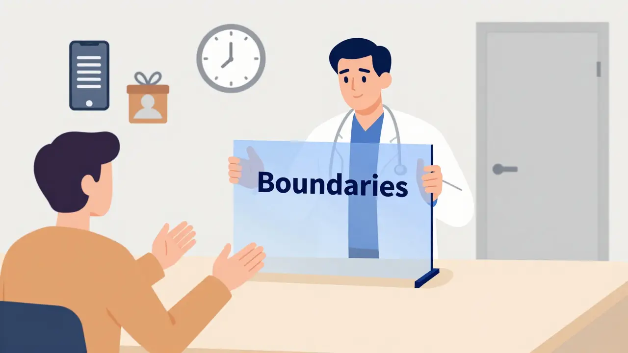 Terapeut drží průhlednou hranici, zatímco klient pokouší překročit mez s překročenými zvyky.