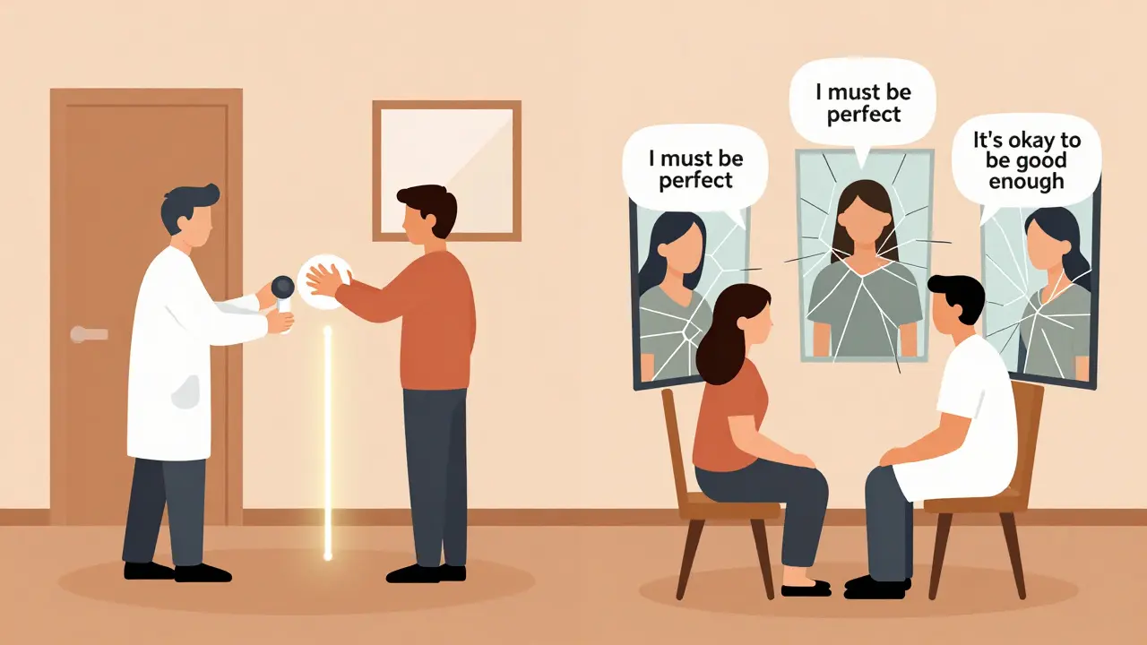 Terapeut pomáhá pacientovi s OCD překonávat úzkost a jinému s OCPD měnit přesvědčení o dokonalosti.
