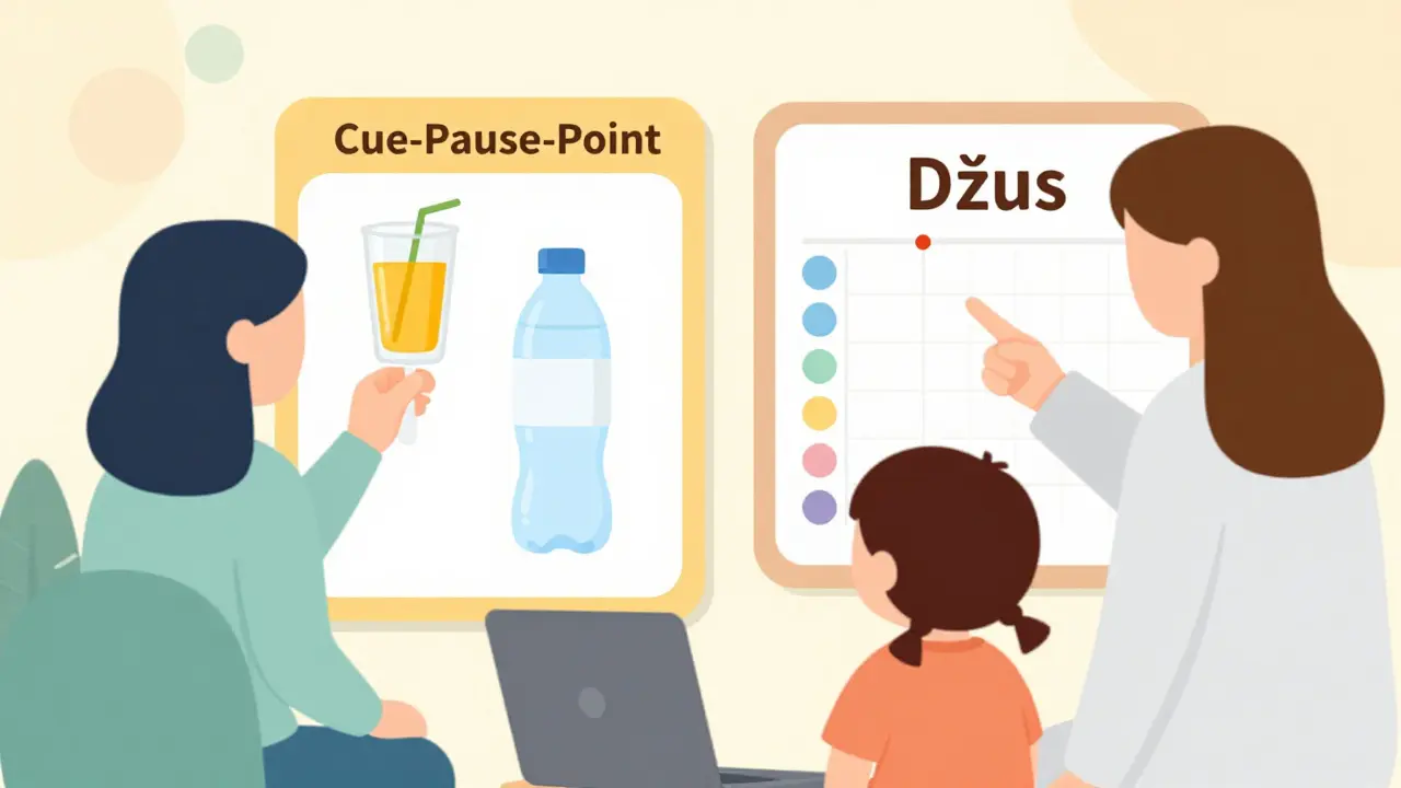 Terapeut ukazuje obrázek džusu a čeká, aby dítě odpovědělo vlastním slovem.