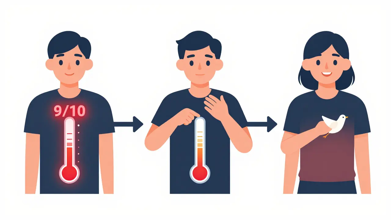 Tři fáze sezení EFT: od intenzivní úzkosti k úplnému uvolnění.
