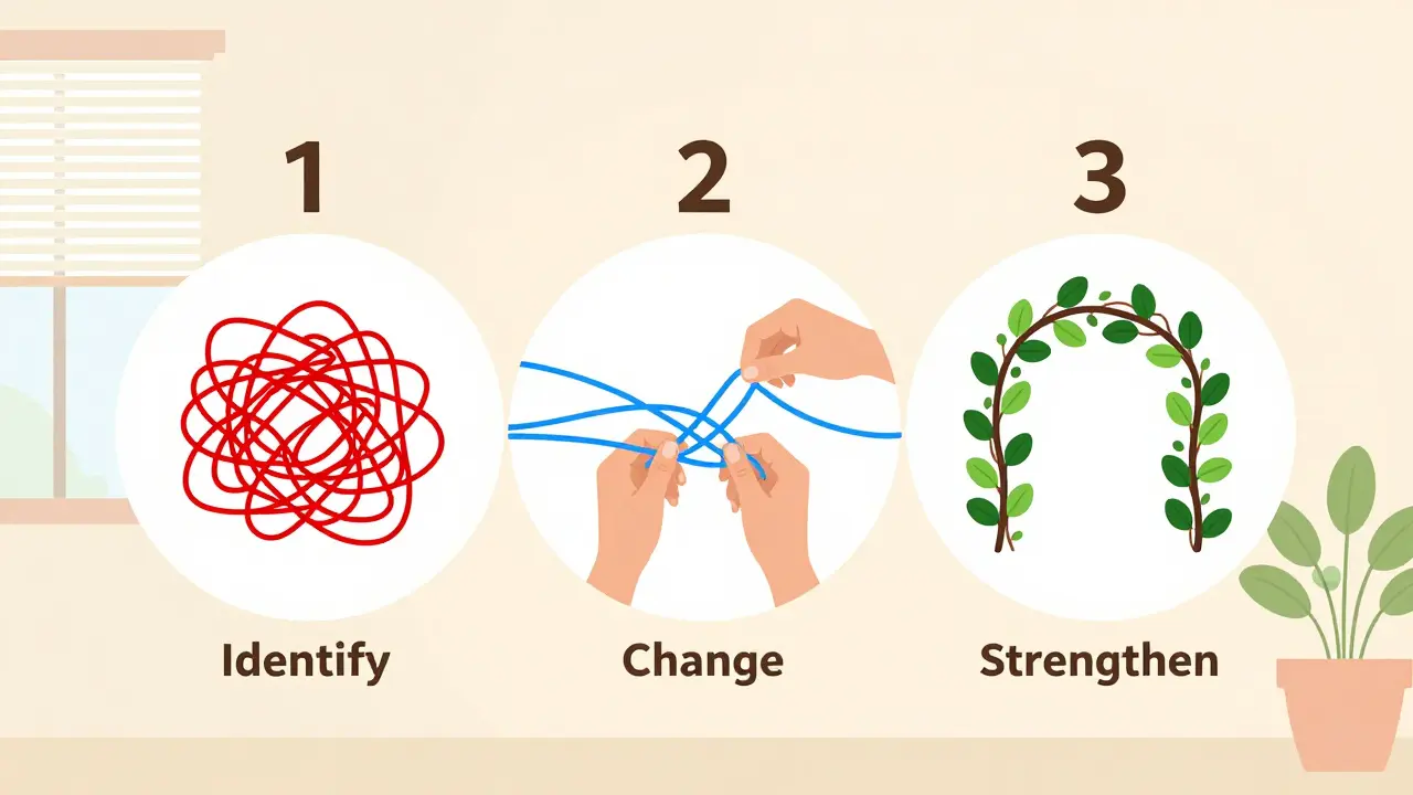 Tři fáze vztahové terapie znázorněny jako kruh s vlákny, která se přeměňují z chaosu na spojení.