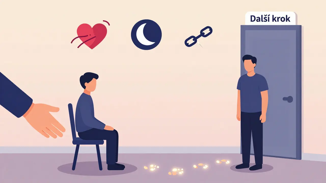 Tři postavy: jedna osamělá, druhá podává ruku, třetí stojí u dveří s cestou světlých stopek vpřed.