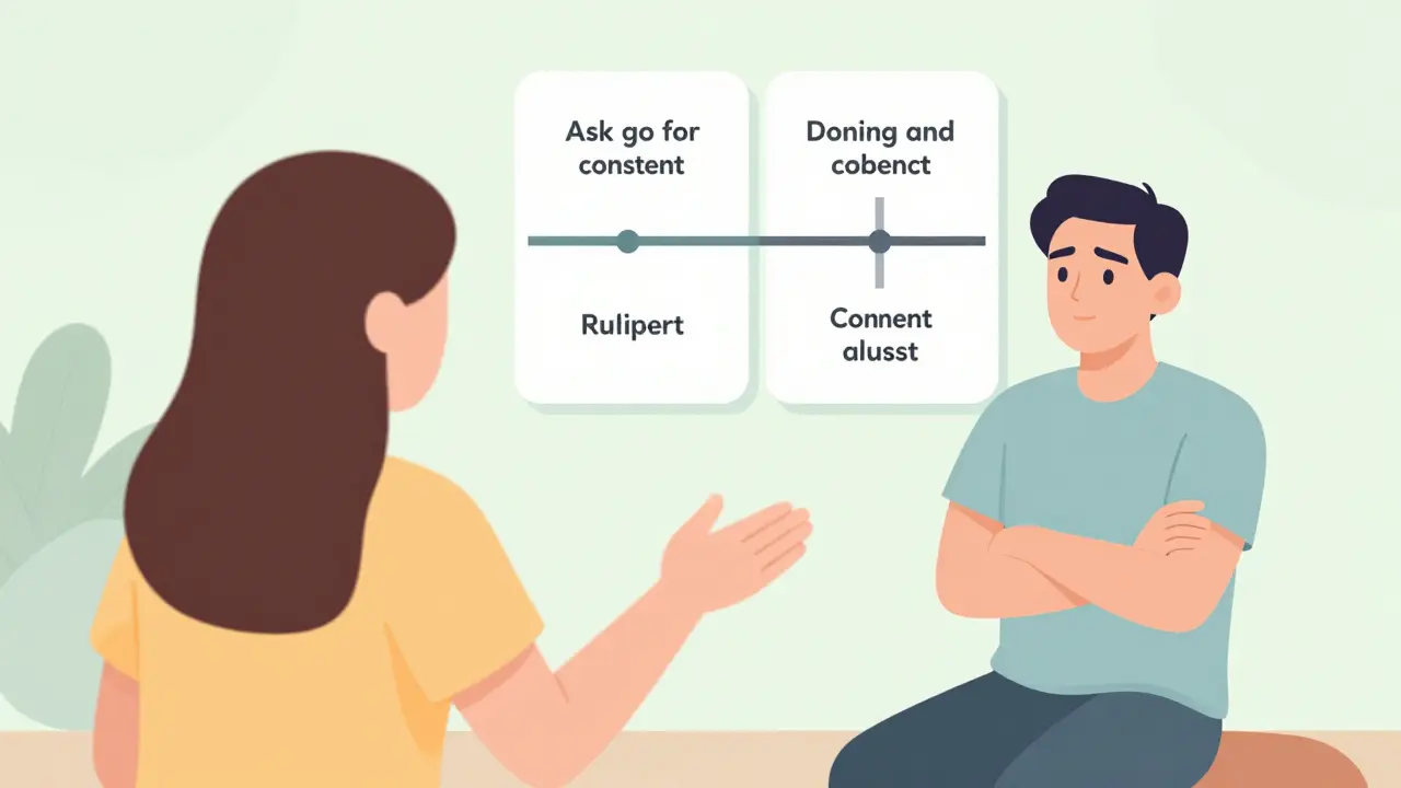 Žena s autismem procvičuje respektování hranic v terapeutické roli, partner se vzdaluje s nepřátelským tělem.