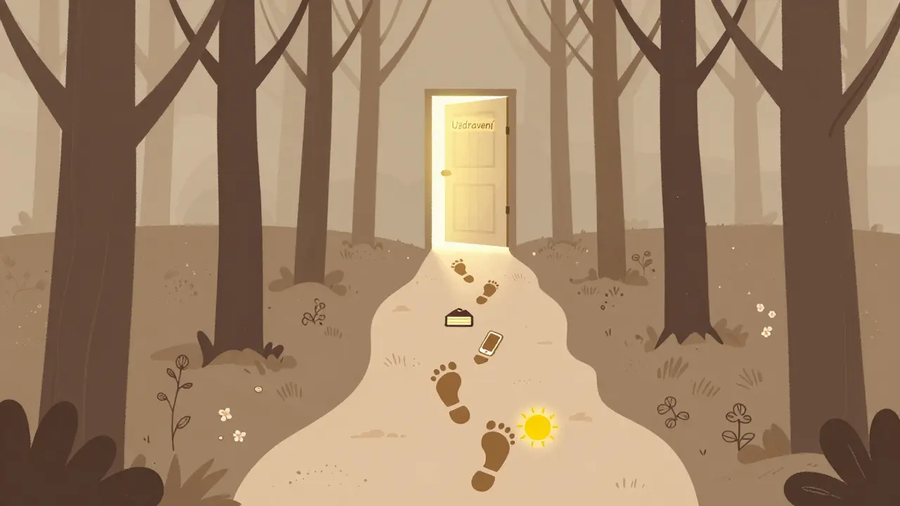 Cesta lesem s kroky označenými symboly uzdravení, světlo na konci.