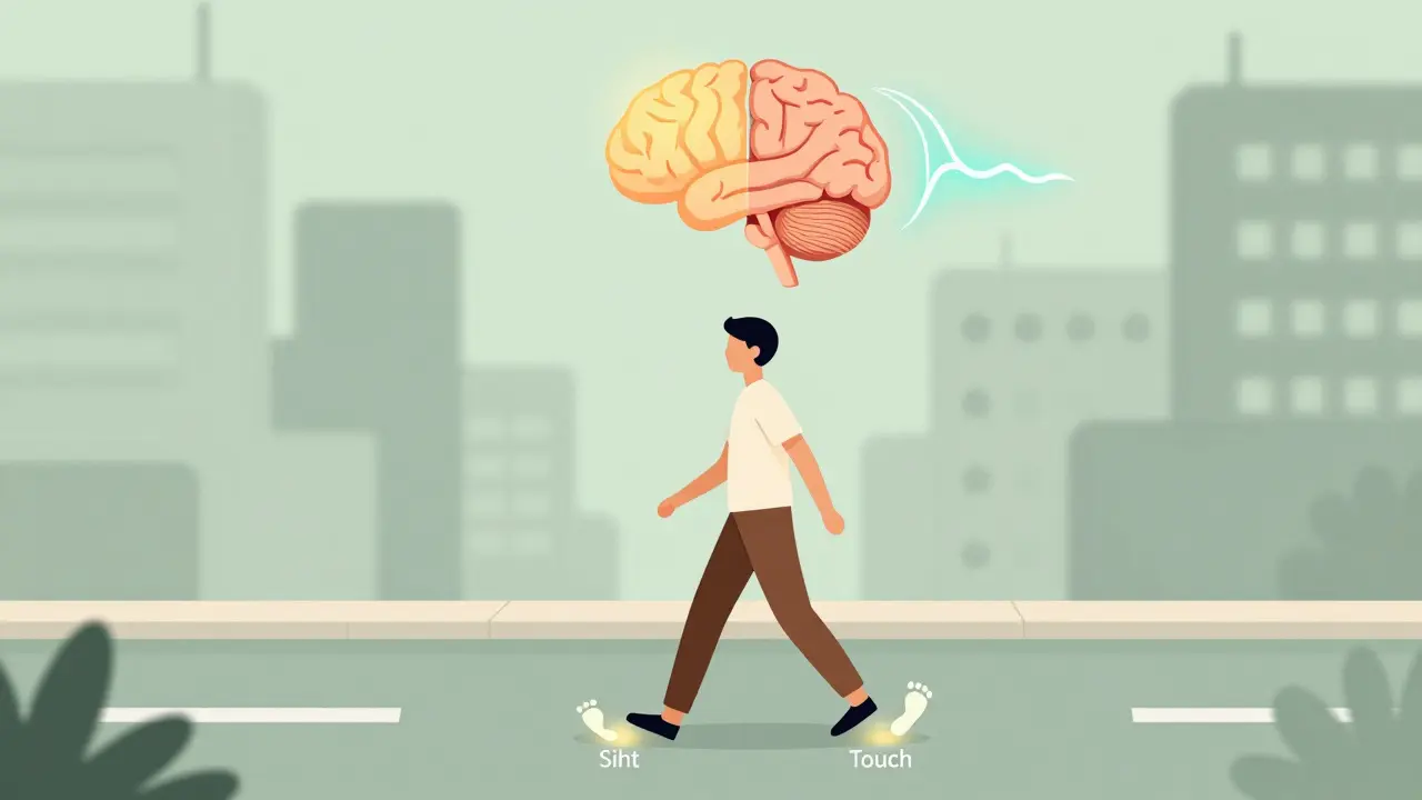 Člověk chodí po ulici, každý krok označen smyslem, mozek se uklidňuje.