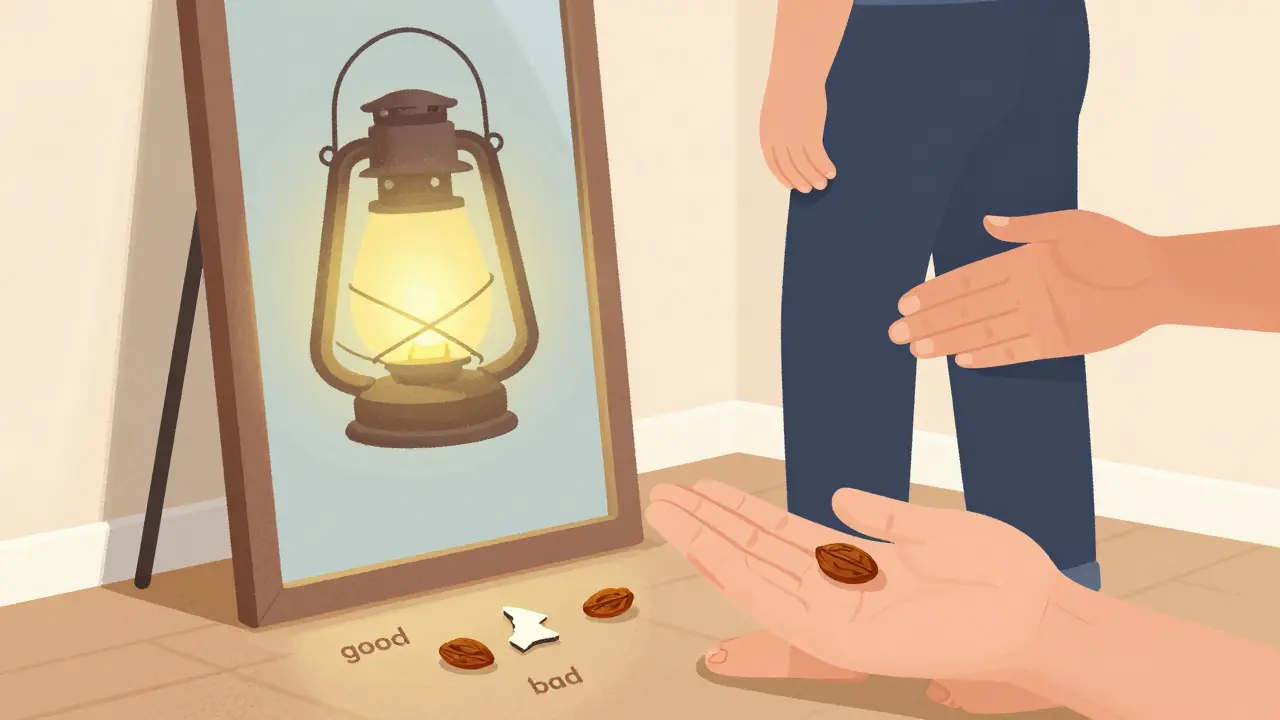 Člověk se dívá do zrcadla, kde vidí své tělo jako světelnou lampion, zatímco jídlo jako hodnocení zaniká.