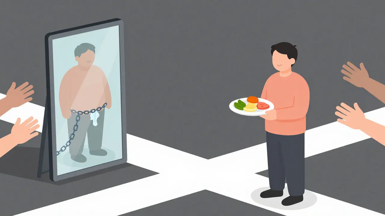 Člověk stojí na rozcestí mezi destruktivním a uzdravujícím cestou, symbolizující výběr mezi nemocí a léčbou.