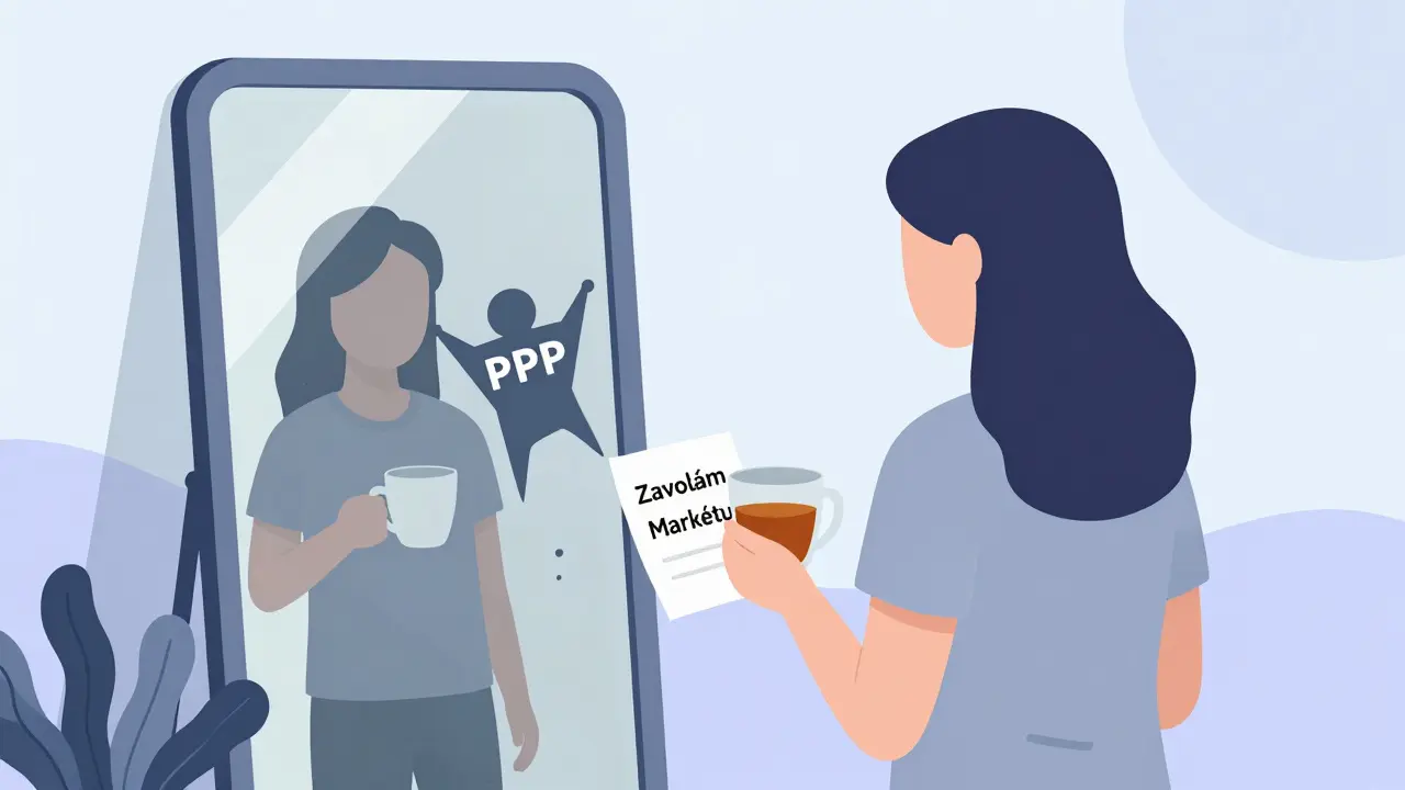 Člověk stojí před zrcadlem, PPP jako stín za ním, drží čaj.