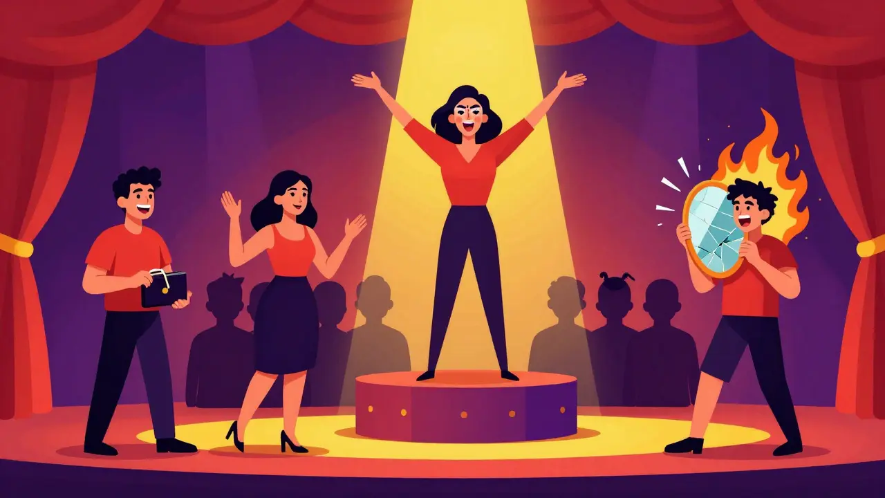 Čtyři postavy na scéně, znázorňující klastr B: manipulativní, dramatický, obdivovaný a emocionálně nestabilní.