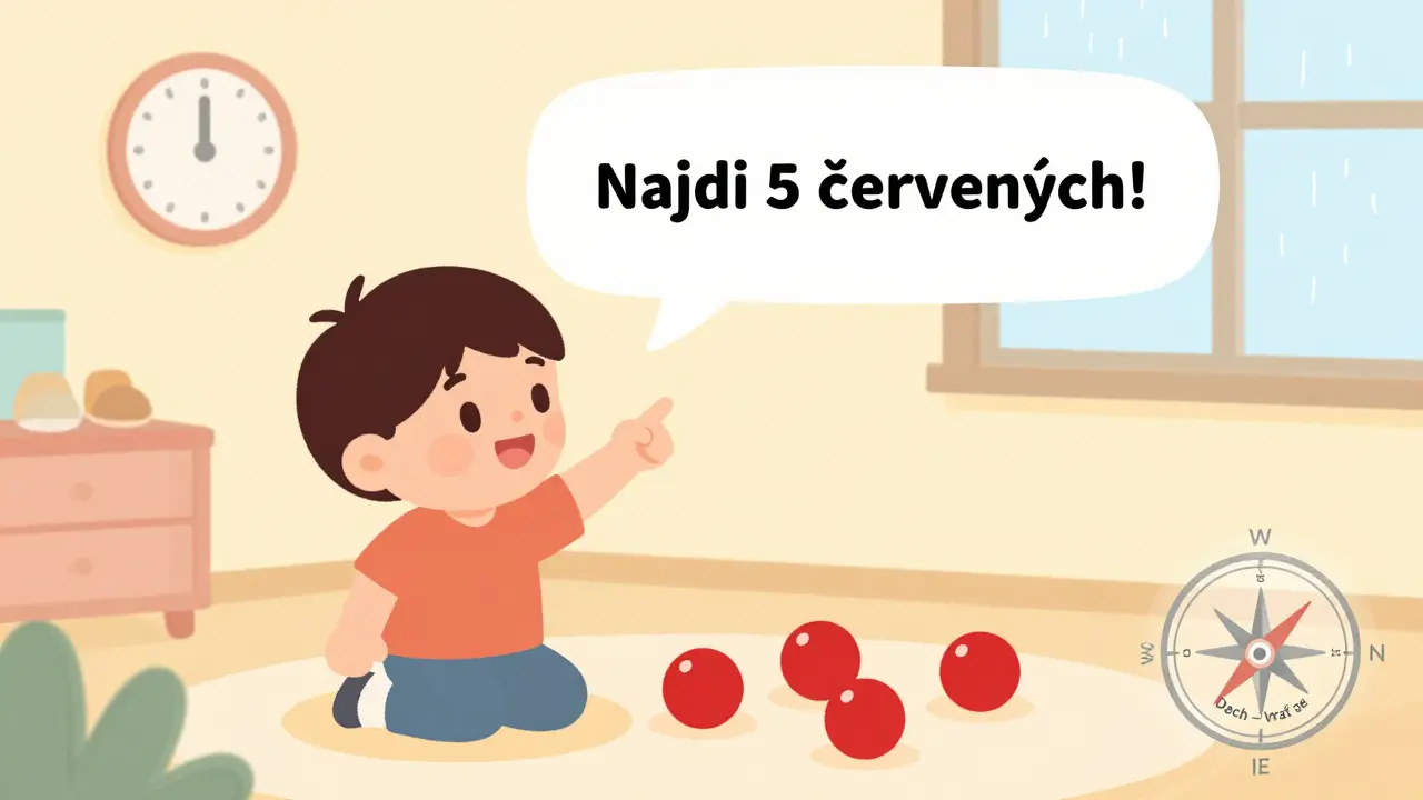 Dítě hraje hru na hledání červených věcí, s mindfulness kompasem v pozadí.