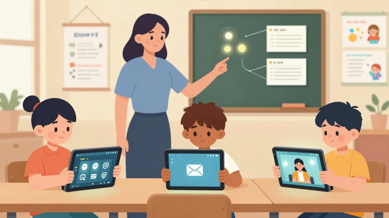 Dítě používá tablet s rozšířeným systémem AAC ve třídě, učitel ho pozoruje.