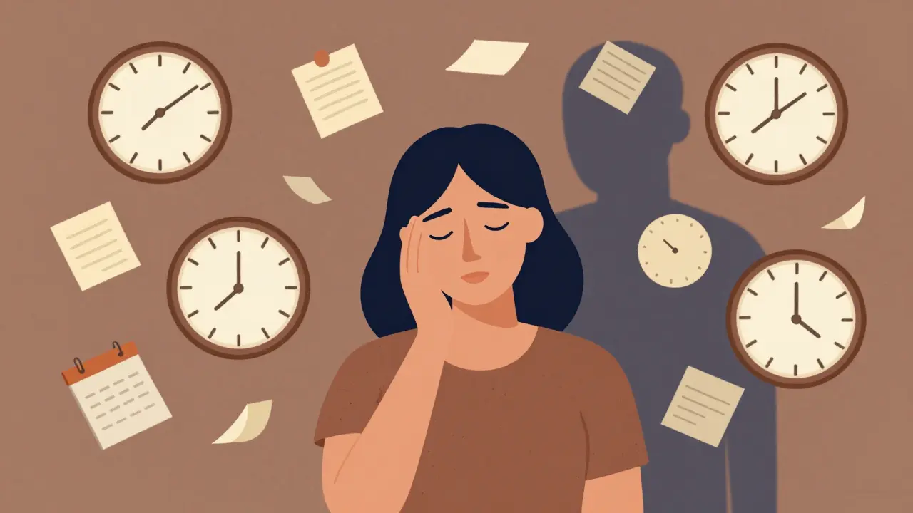 Dospělá žena je obklopena zapomenutými kalendáři a hodinami, její výraz je klidný, ale unavený.