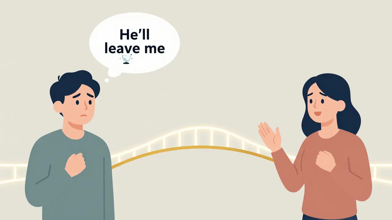 Dvě verze klienta: jeden se bojí, druhý staví most k terapeutovi, symbolizující překonání konfliktu.