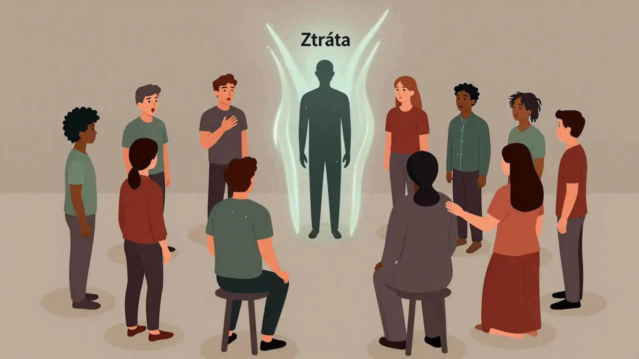 Group therapy session with representatives reacting to unseen family trauma, therapist adjusting positions.