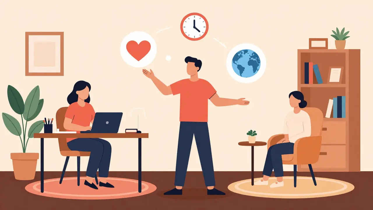 Hybridní model terapie: doma a v kanceláři spojeny jedním klientem.