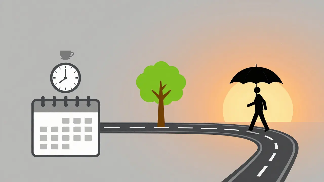 Kalendář s třemi fázemi léčby: čas, růst a dlouhodobá cesta.