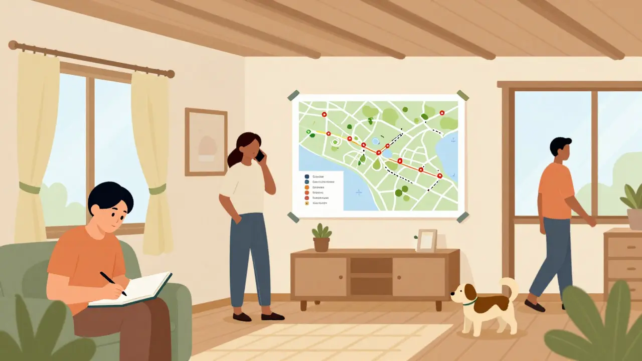 Lidé v bezpečném bydlení dělají každodenní aktivity: píší, mluví, procházejí se.