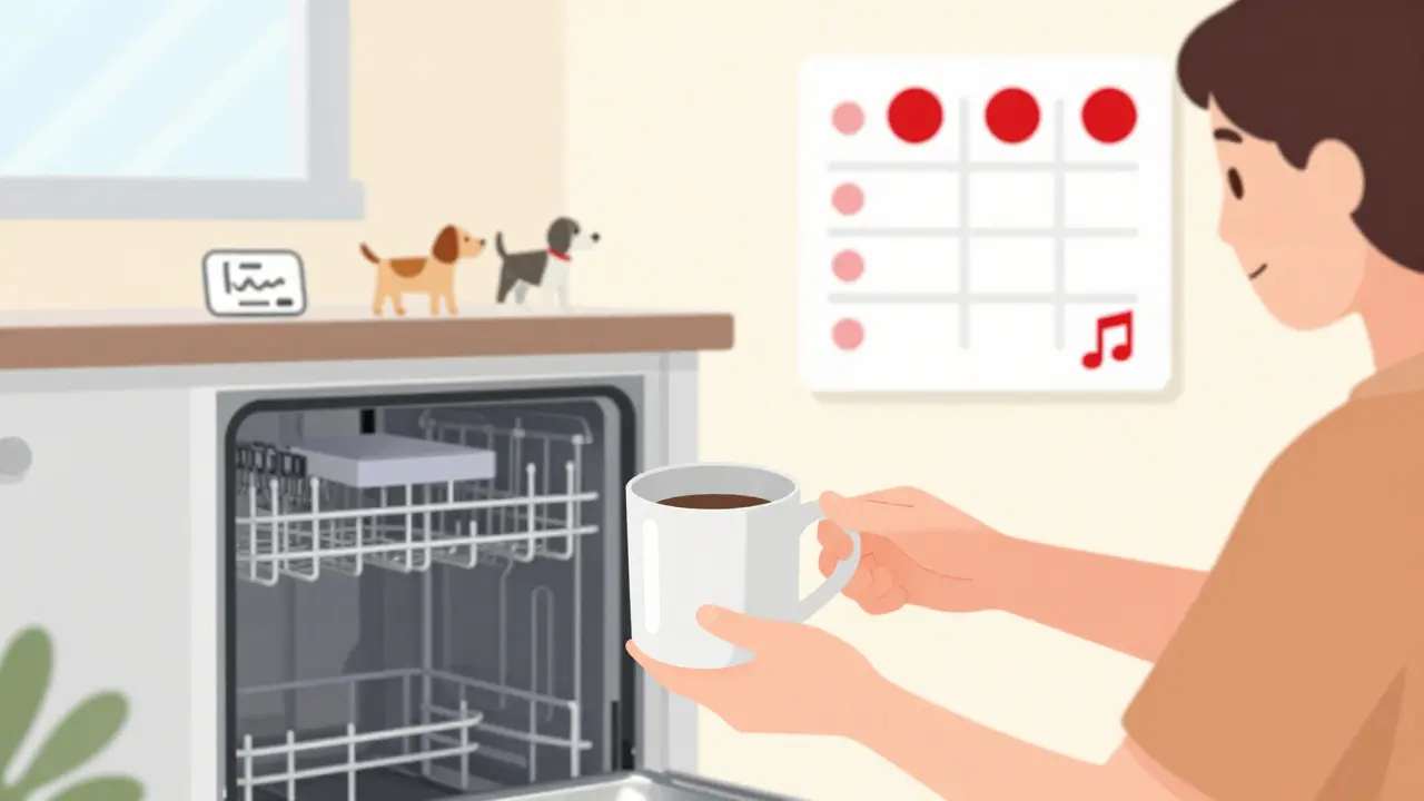 Malý úspěch: umístění šálku do myčky s červeným tokenem, v pozadí další malé vítězství.